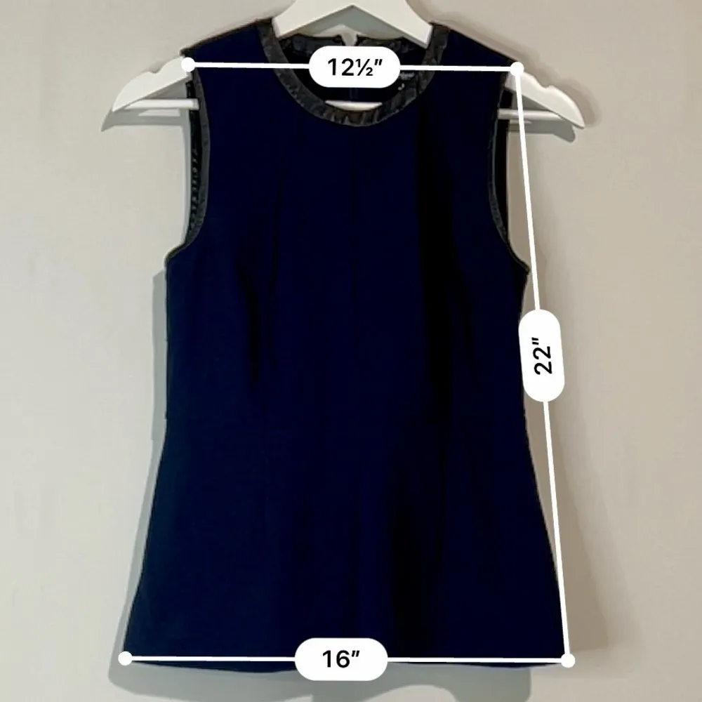 Madewell Women’s Sleeveless Peplum Leather Trim Tank Top Blue Black Size 4 EUC - Image 6