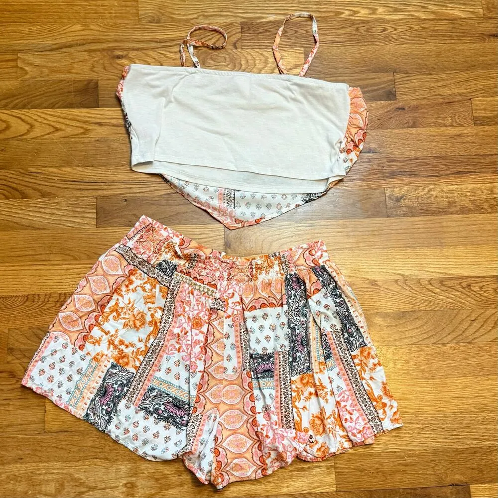 No Boundaries Juniors XL 15 17 Orange Pink Floral Shorts Crop Top Matching Set - Image 2