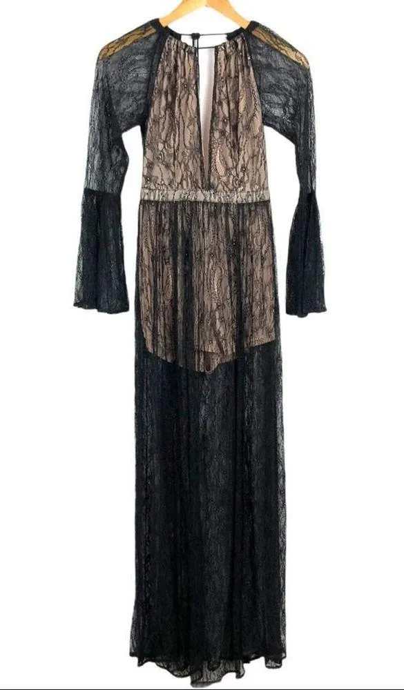 Whyte Eyelash Skirted Maxi Black Lace Sheer Romper Deep V - Image 4