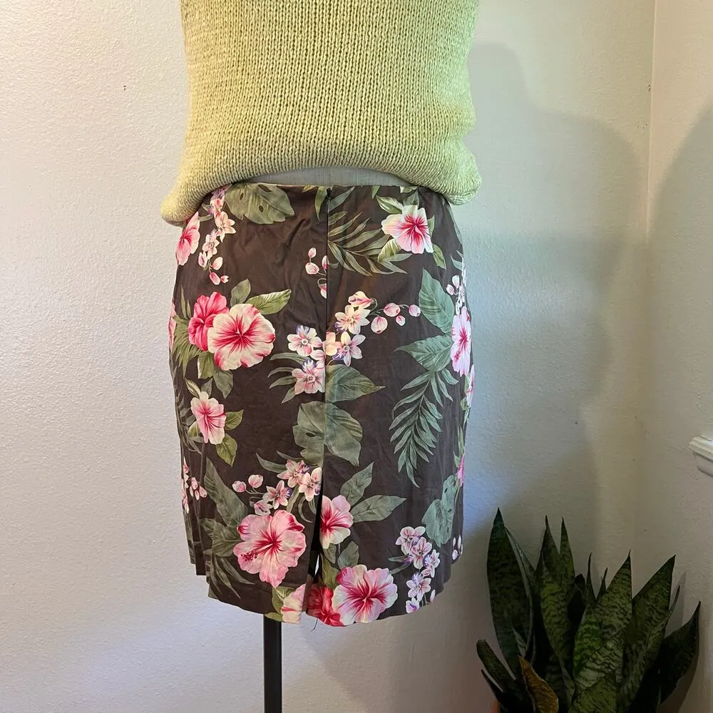 Jones Vintage 90s Brown Tropical Floral Print Cotton Summer Mini Skirt Size 14 - Image 2