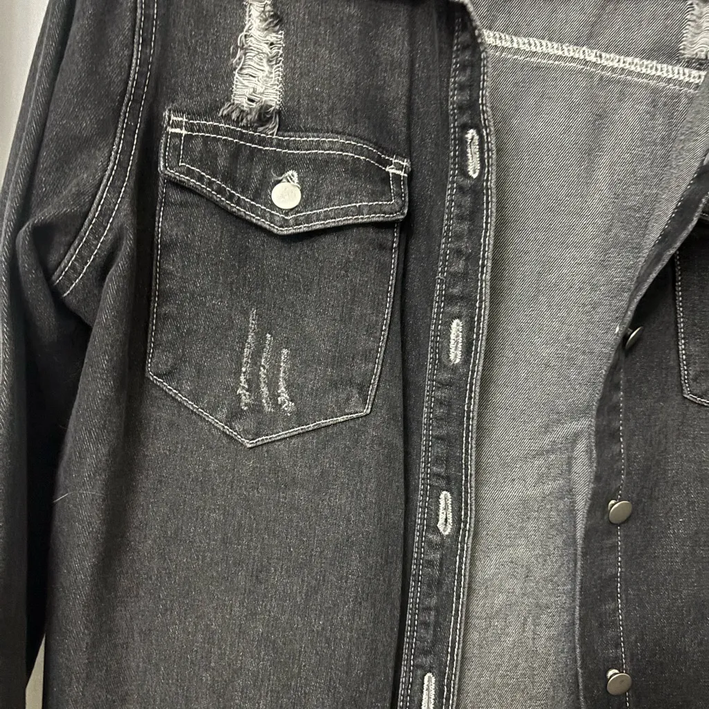 Black Distressed Denim Jacket Size L - Image 3