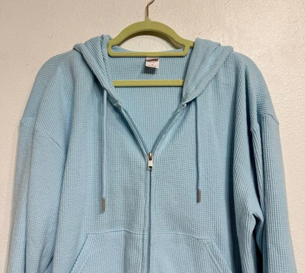Auden Baby Blue Waffle Knit Front Zip Hooded Sweater Sz M Size M - Image 3