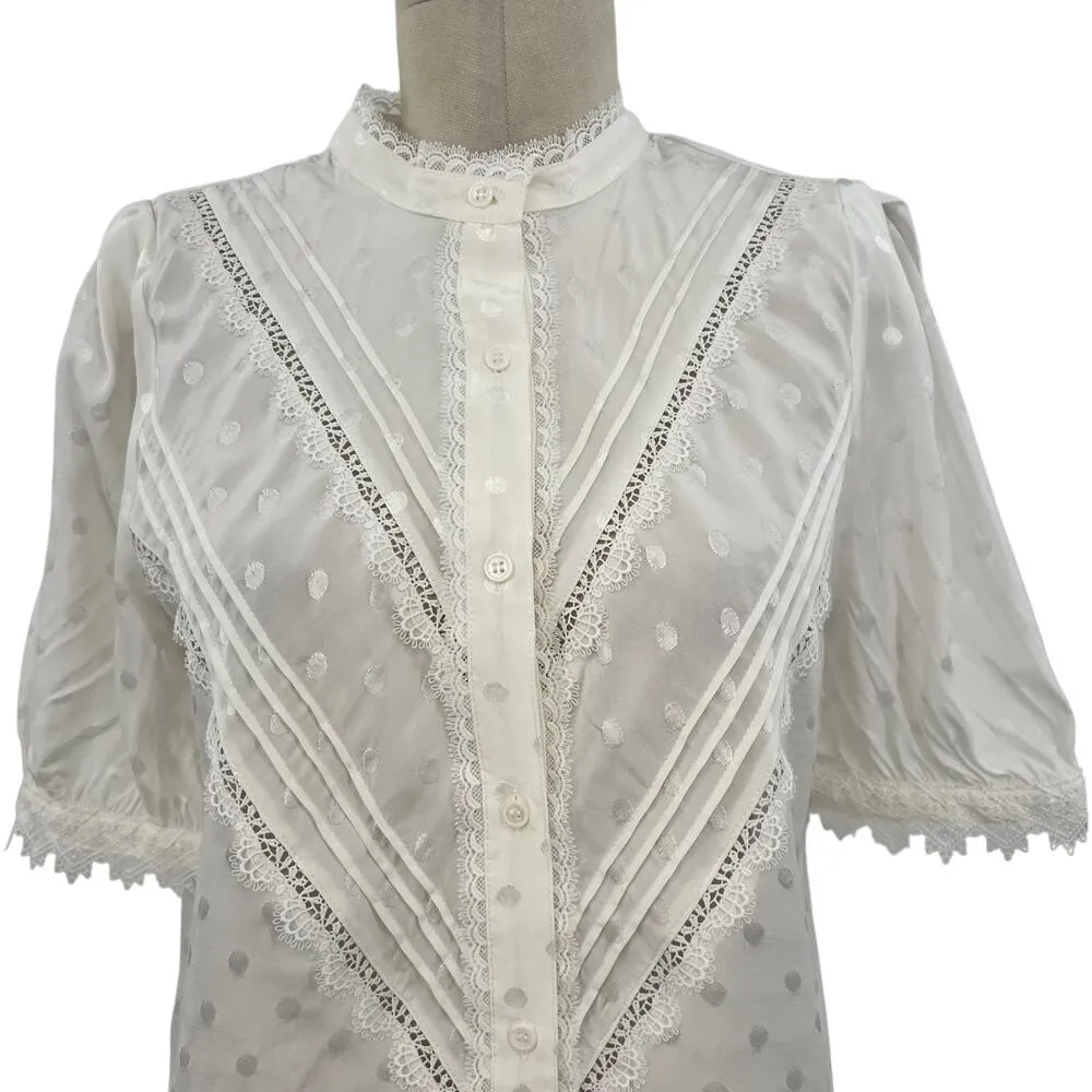 Current Air Los‎ Angeles White Swiss Dot Lace Button Down Blouse Size Medium - Image 2