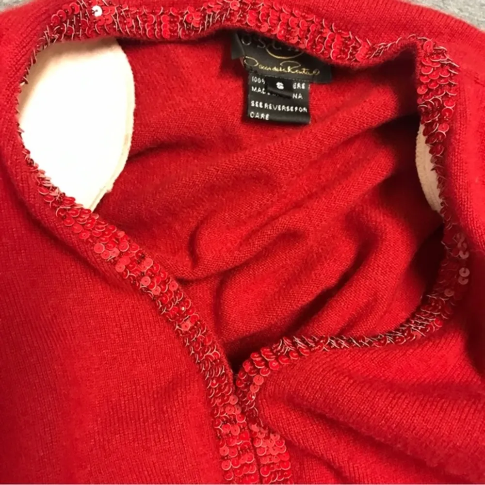 Oscar de la renta cashmere sequin trim red cardigan sweater size S - Image 5