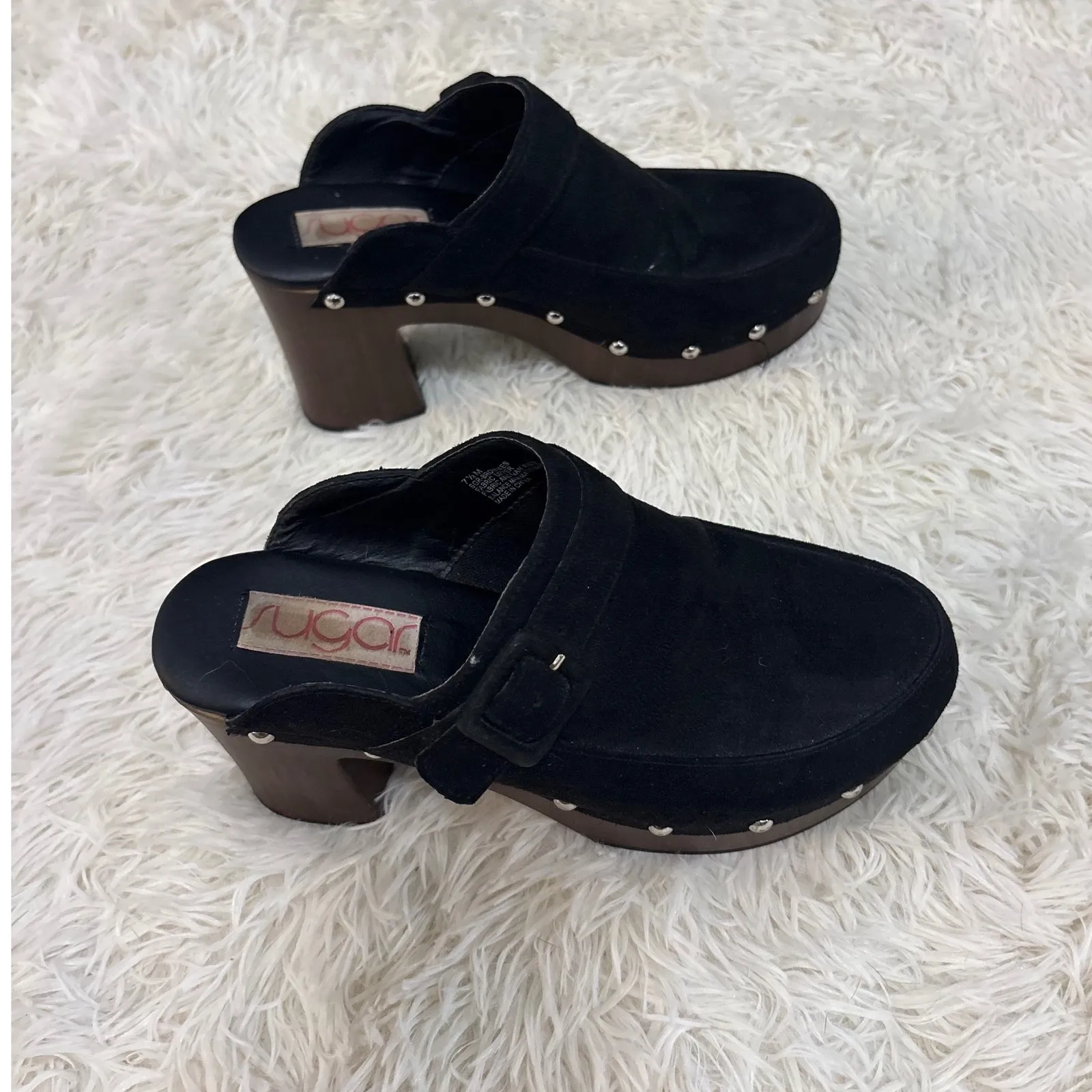 Sugar‎ Black Suede Clogs Platform Studded Heel 7.5M Brown Wood Size 7.5 - Image 3