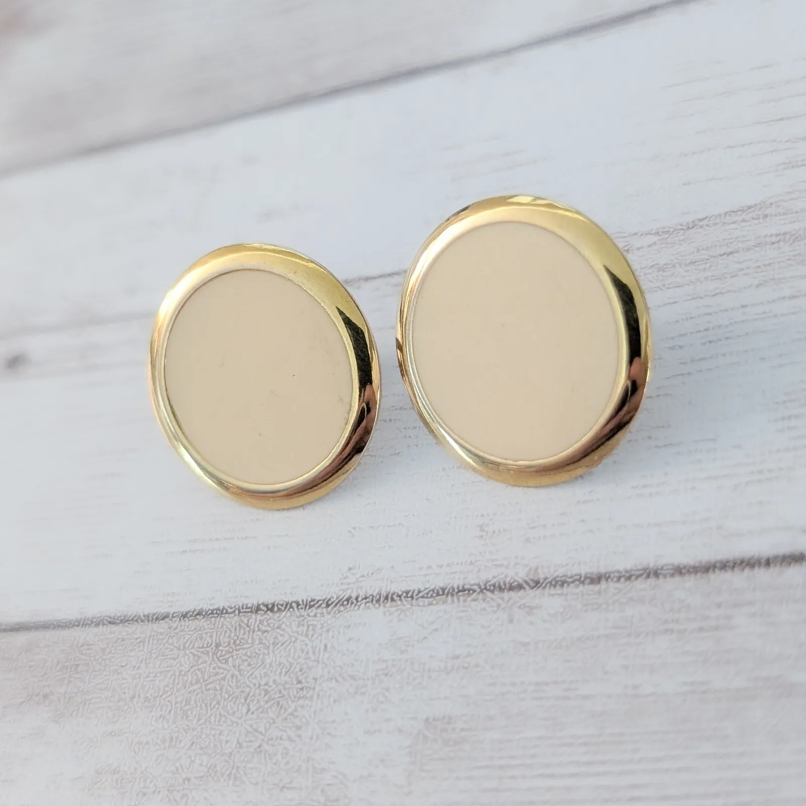 Vintage Clip On Earrings Cream Circle with Gold Tone Halo Just Over 7/8" - Image 3