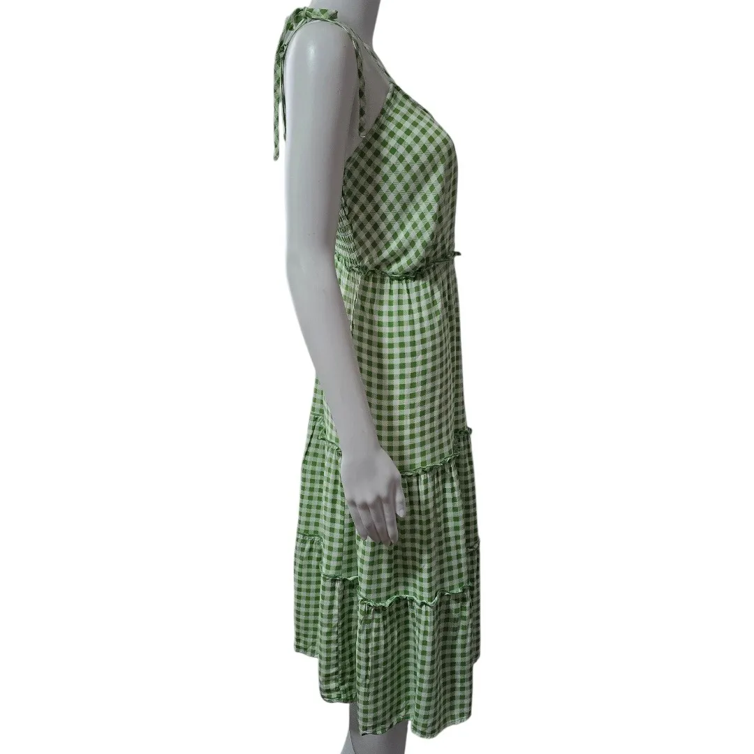 AS U Wish Gingham Smocked Tiered Midi Dress Green White Tie Shoulder Size L Size L - Image 4