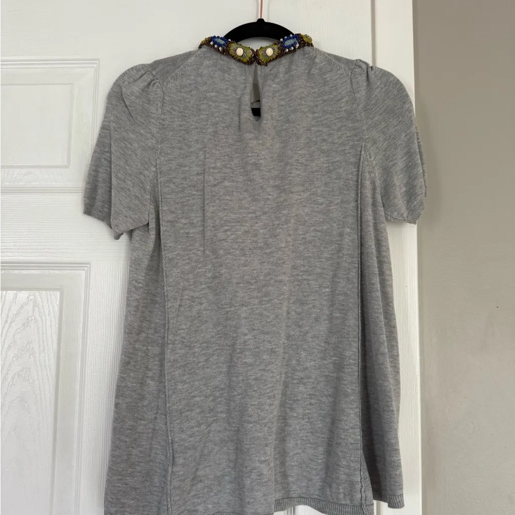 Anthropologie Moth Embellished Beaded Collar Grey Silk Cotton Blend Sweater Top - Image 7