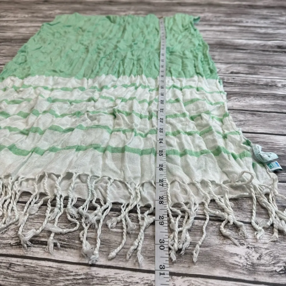 dei Women's White Green Crinkle Stripd Colorblock Neck Scarf Tassels Wrinkled OS - Image 7