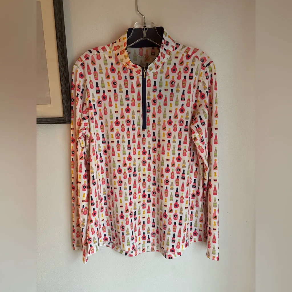NWT SanSoleil Vineyard Wine Bottle Print Solcool 1/4 Zip Pullover Top White Size M - Image 3