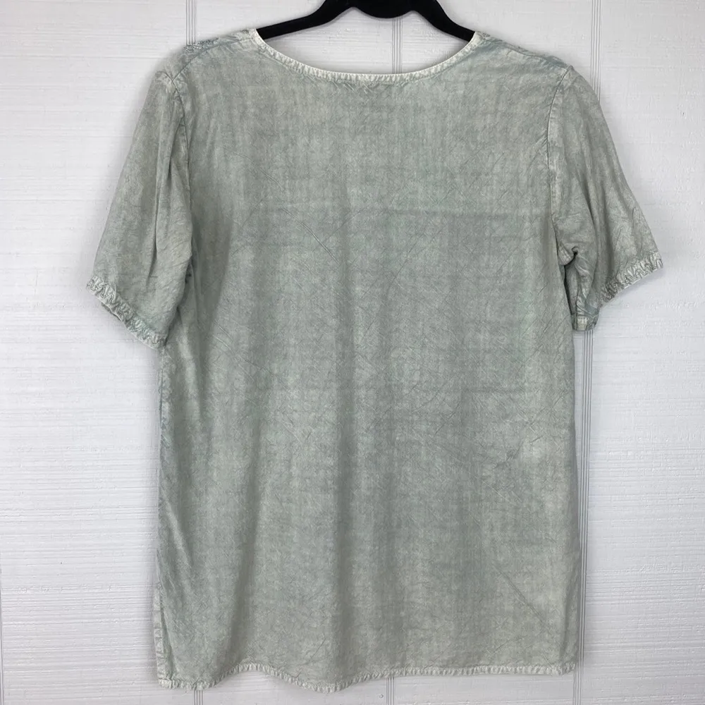 Raya Sun Embroidered Heart Floral Design Short Sleeve Boho Top Washed Green S - Image 4