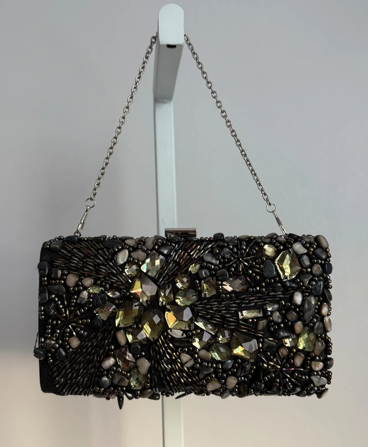 Bebe Sparkly Beaded Clutch Evening Bag Rhinestone Embellished Chain Shoulder Bag - Image 1