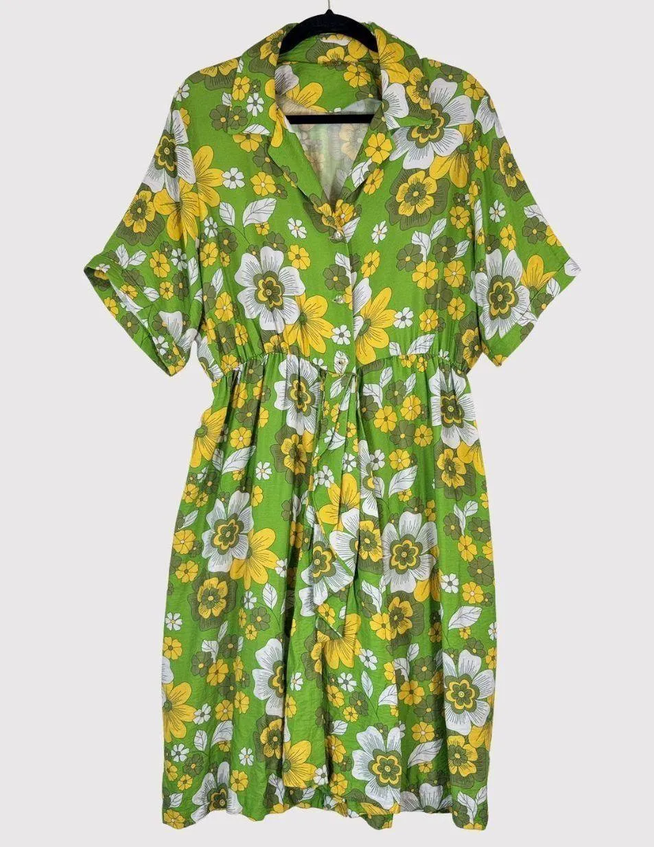 Dodo Bar Or Dress Green Midi Floral Shirtdress Short Sleeve Boho Hawaiian Large - Image 1