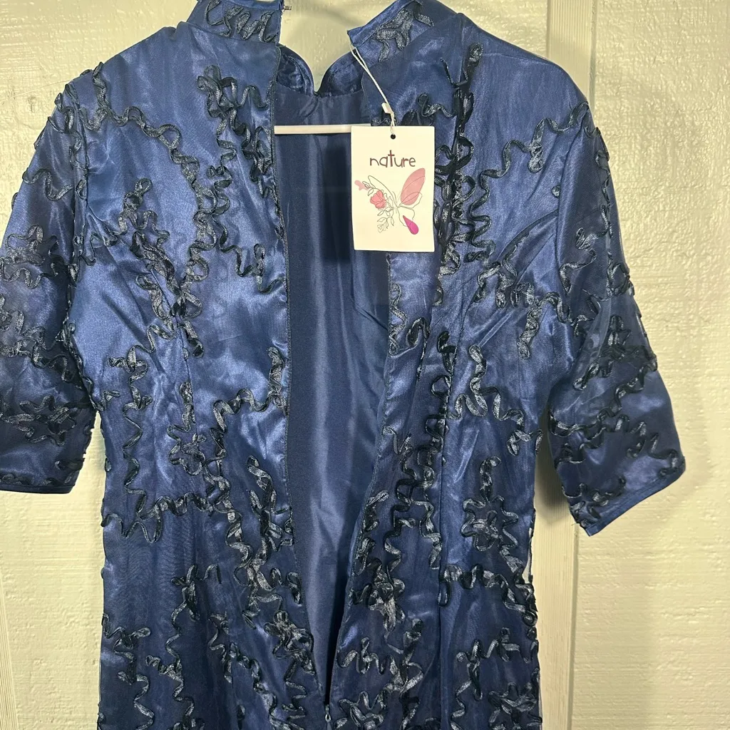 Nature Navy Asian Traditional Style Short Sleeve High Neck Dress Size… Size XL - Image 2