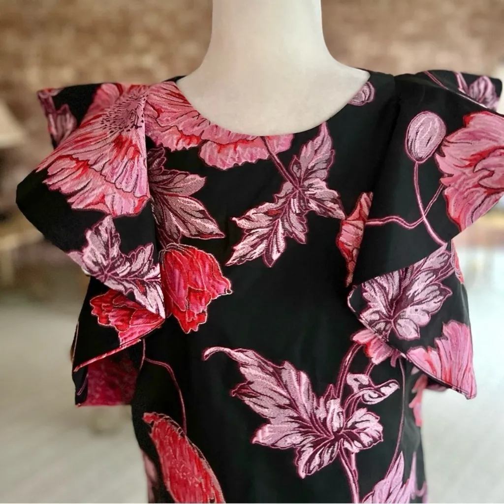 NWT Badgley Mischka Belle Gina Dress Mini Jacquard Black Pink Floral 4 Cocktail - Image 5