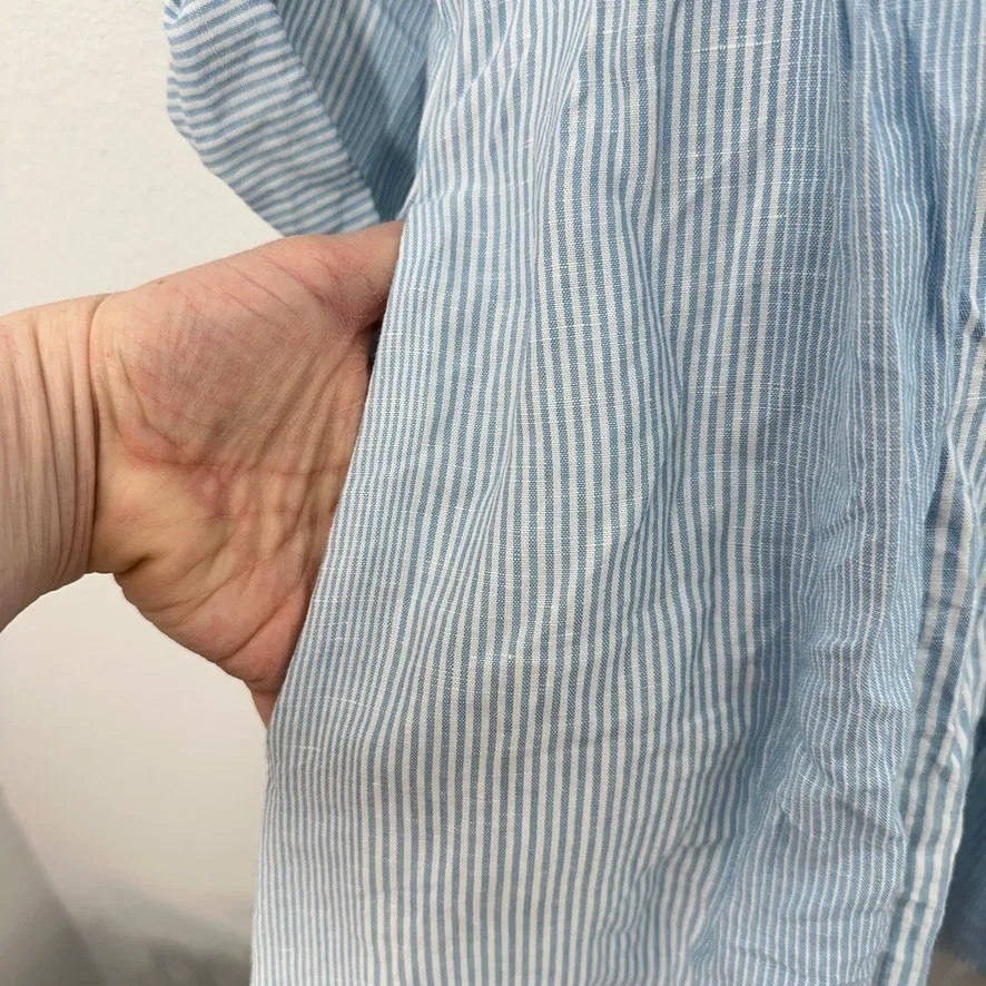 Madewell Striped V Neck Pleated Tunic Shirt Dress Linen Cotton Blend Size Medium - Image 8