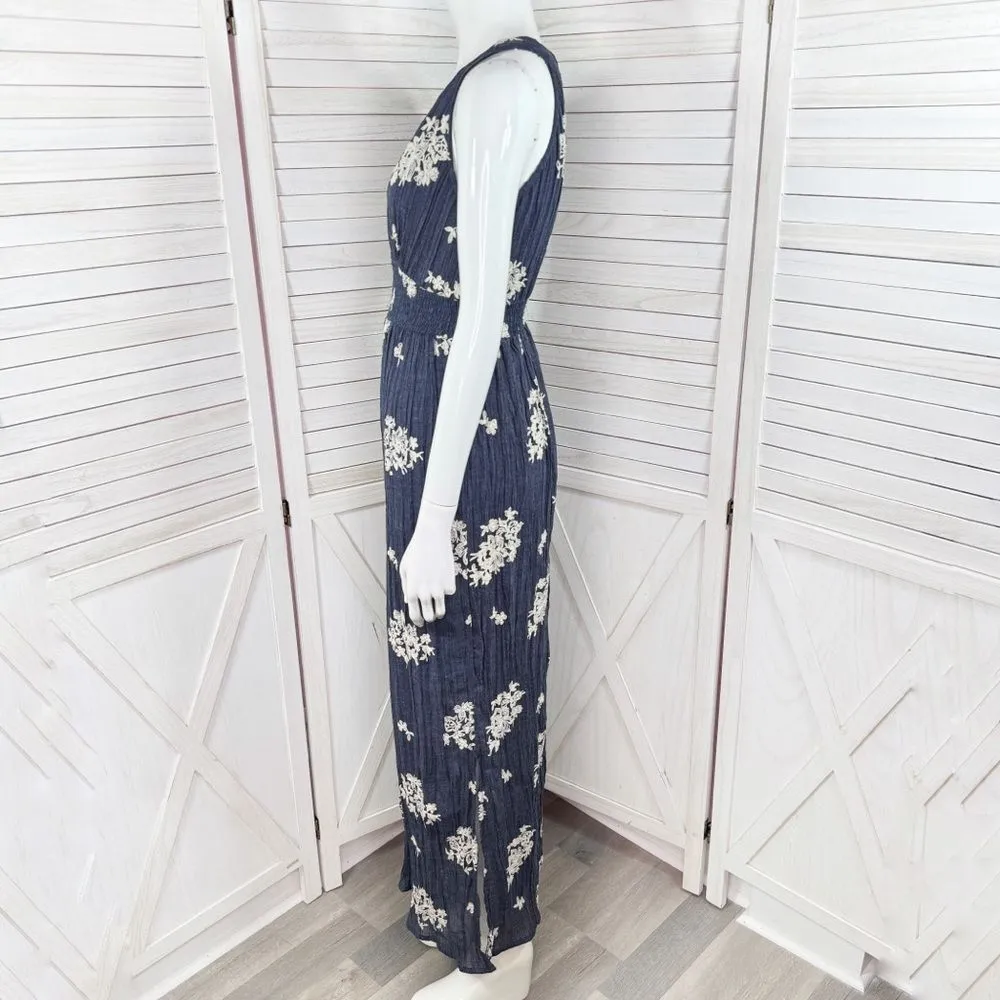 Westport Floral Embroidered Crinkle Smocked Waist Maxi Dress Blue Small - Image 2