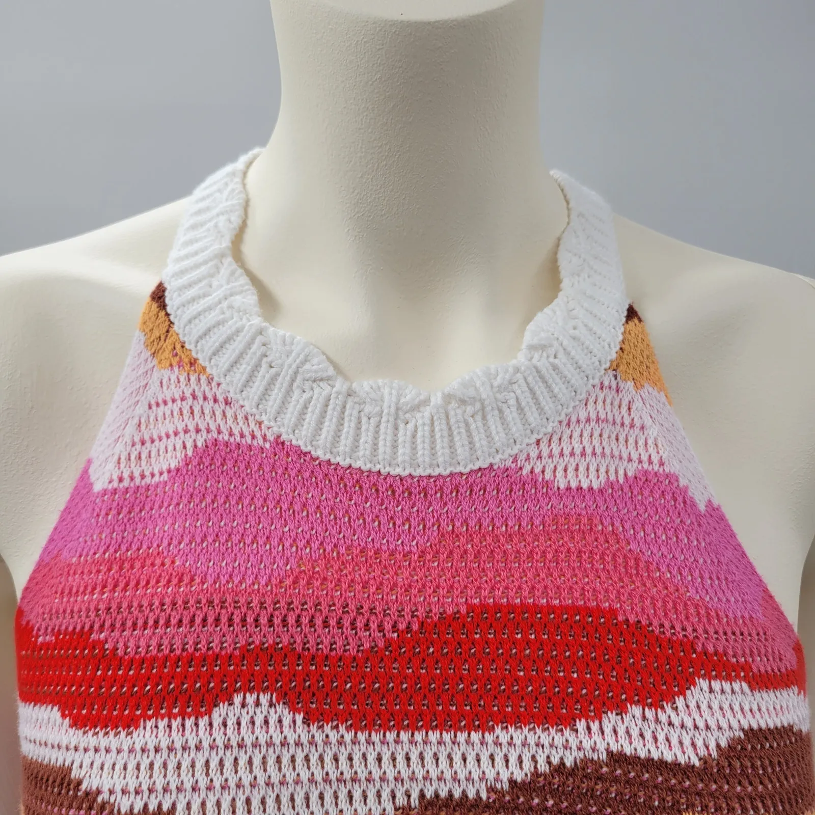 LOFT Crochet Halter Maxi Dress Womens M Pink Wavy Textured Tight Closed Knit Size M - Image 15