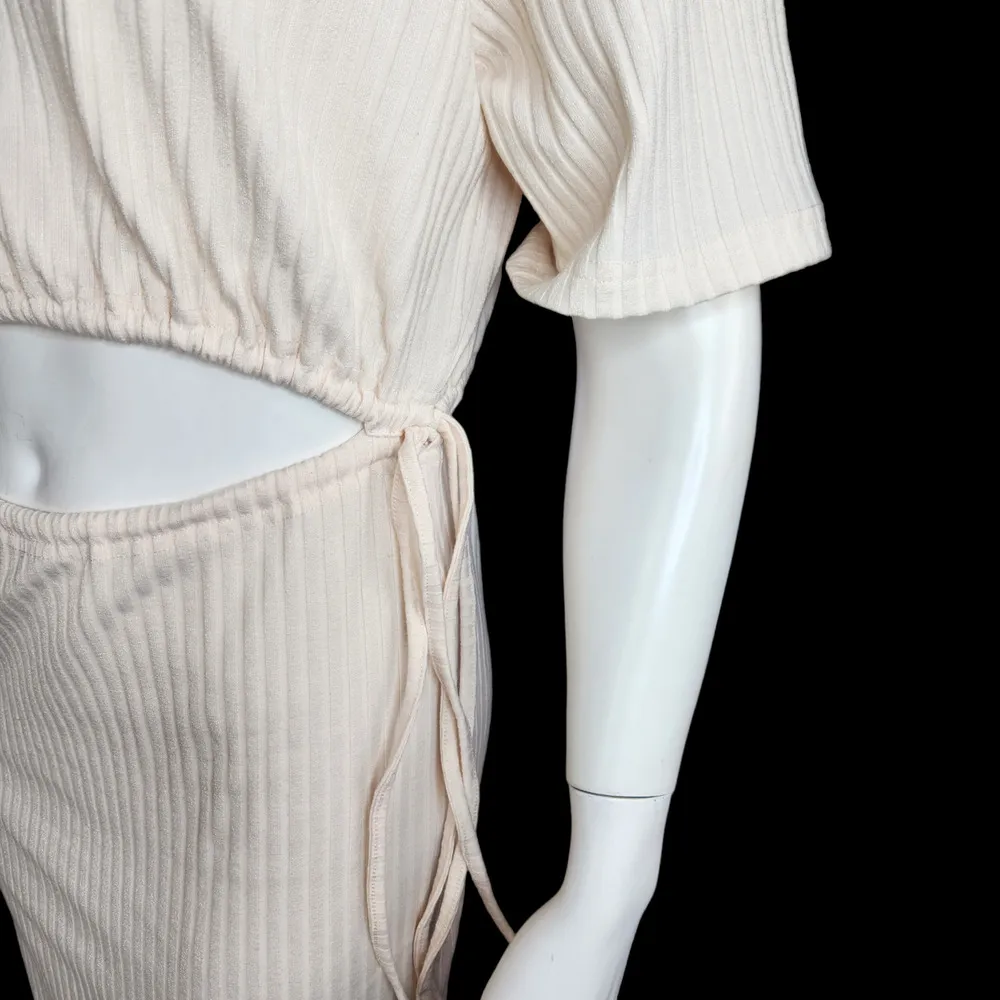 4th and Reckless Womens Small Cream Textured Midi Dress Cutout Short Sleeve - Image 5