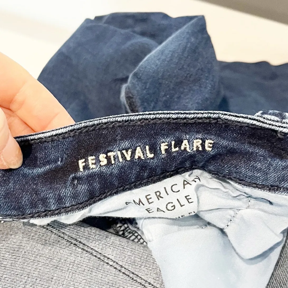 American Eagle High Rise Slit Hem Festival Flare Jeans Blue 12 - Image 5