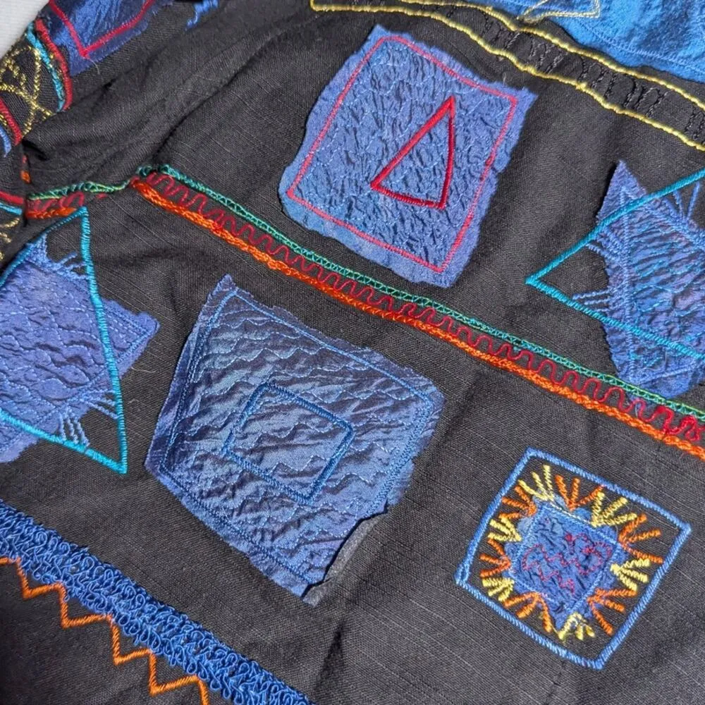 Vtg 1990s Chico's Black Blue Geometric Embroidered Button Up Collared Jacket 2 M Size M - Image 3