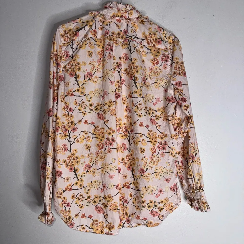 J Crew Womens Classic-fit Ruffleneck Shirt Size 6 In Cherry Blossoms Long Sleeve - Image 2