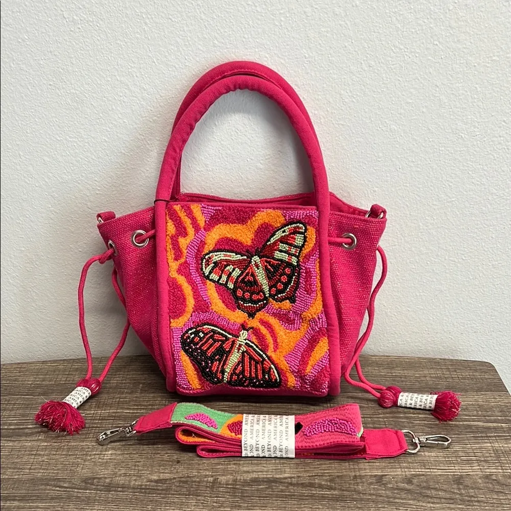 American & Beyond | Pink Butterfly Beaded Tote/Bucket Bag w/Crossbody Strap - Image 11