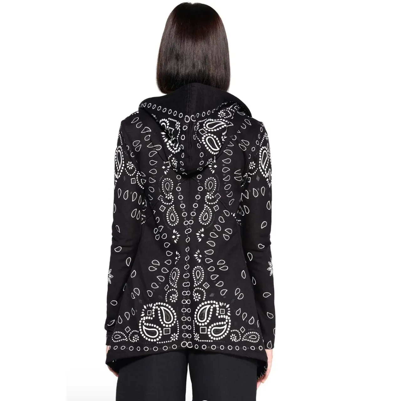 Jonny Cota Draped Hoodie in Black Bandana Open Front Women’s Small - Image 2