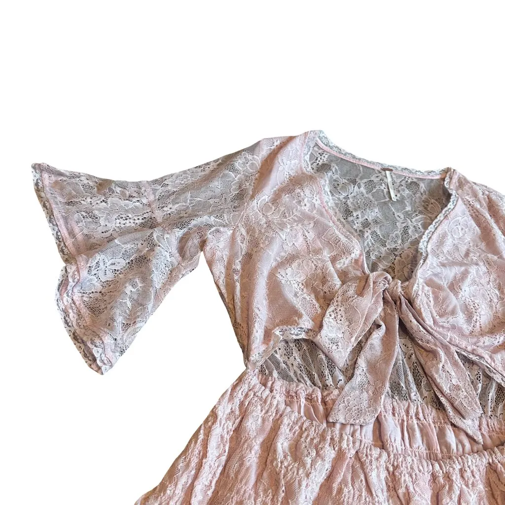 Free People Lala Dawn Rose Pink Lace Mini Dress Cutout Tie Front Size XS NWT - Image 12