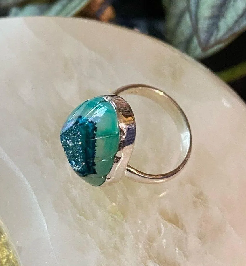 Aura Mediterranean Green Carved  Druzy Sterling Silver Size 6.5 - Image 9