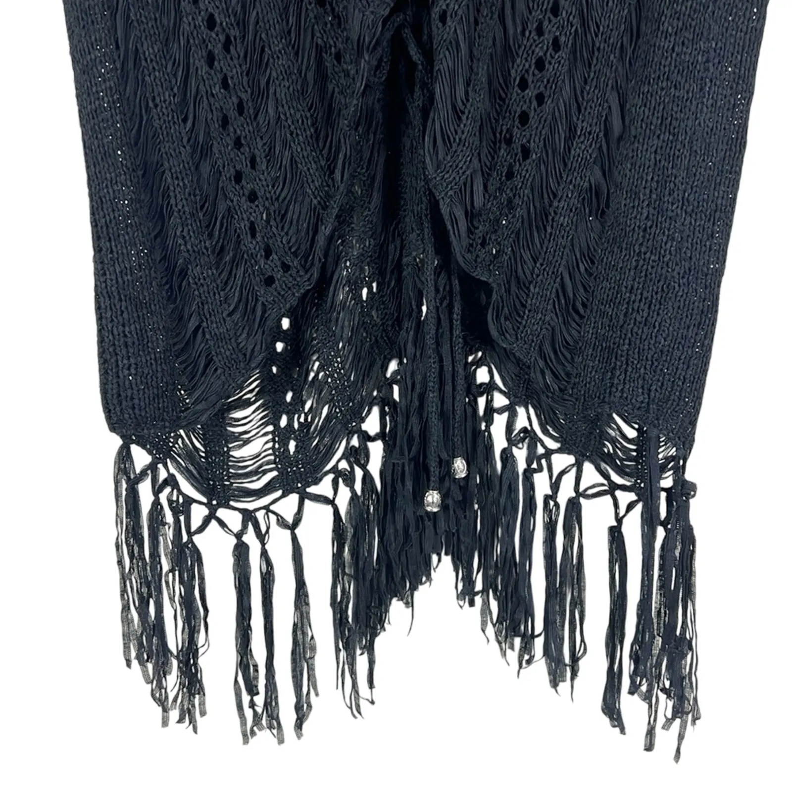 Hers and Mine Knit Poncho Sweater Womens M/L Black Fringe Boho Festival Witchy - Image 3