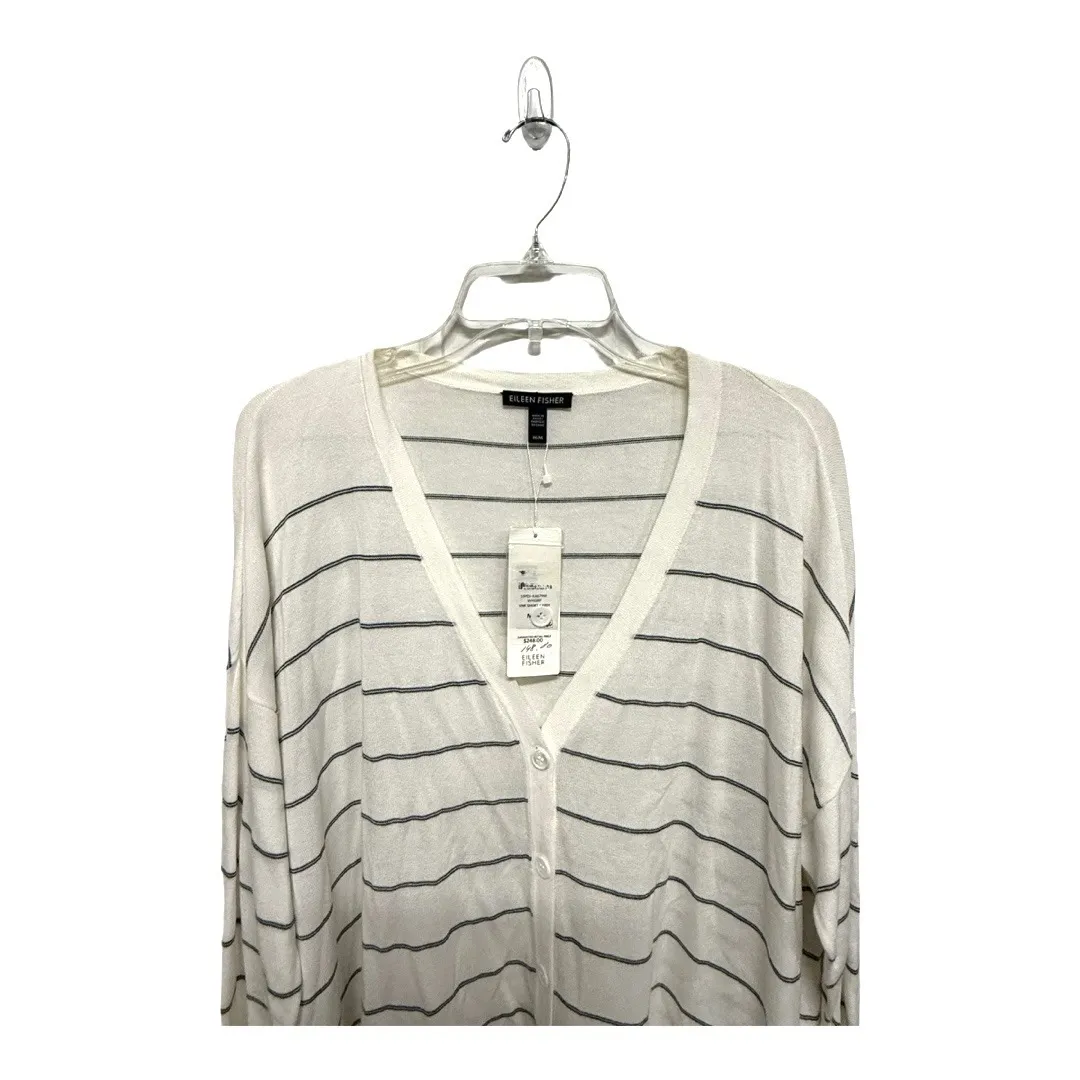 Eileen Fisher White Graphite Striped Tencel Stretch V-Neck Cardigan Medium NWT - Image 2