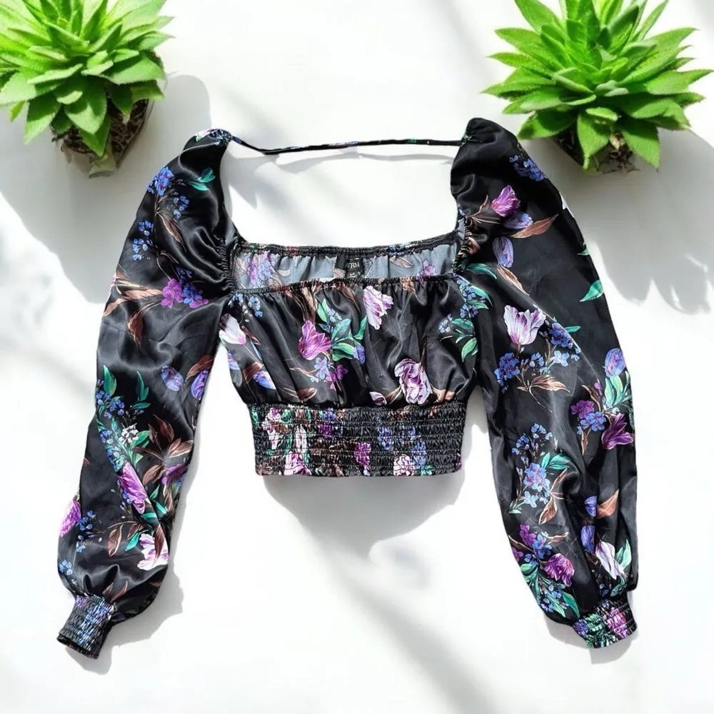 AFRM Florisa Satin Long Sleeve Smocked Top in Noir Bouquet Floral Black - Image 2