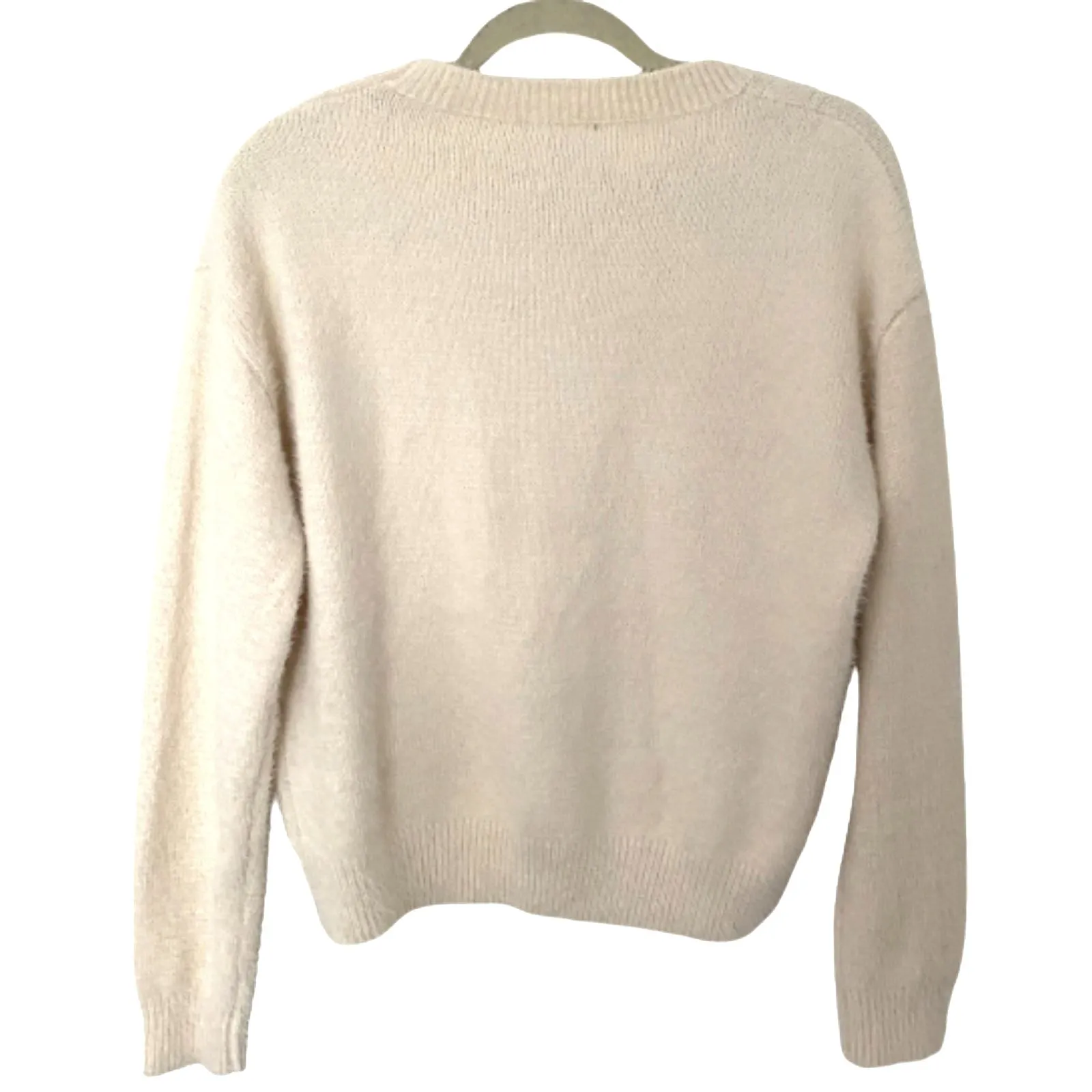 NWT Papermoon Cream Fuzzy Diamond Cable Stitch Crewneck Sweater Nylon Sz M - Image 2