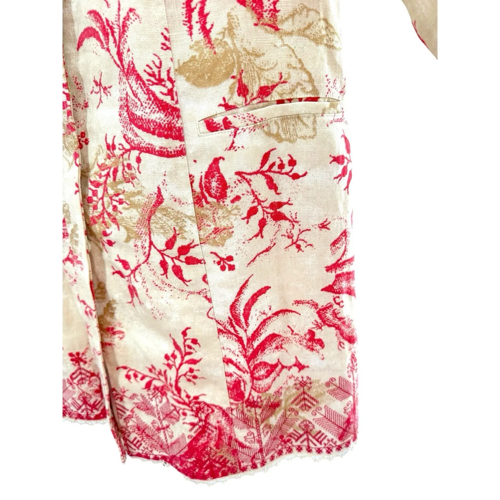 Sigrid Olsen Linen Jacket L Red Beige Bird Butterfly Tapestry Coat Boho Artsy - Image 3