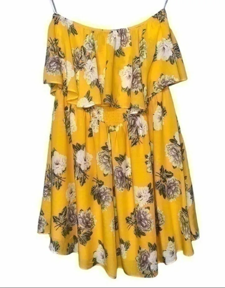 MinkPink Size M Yellow Floral Strapless Smocked Top Mini Dress Cover Up - Image 6