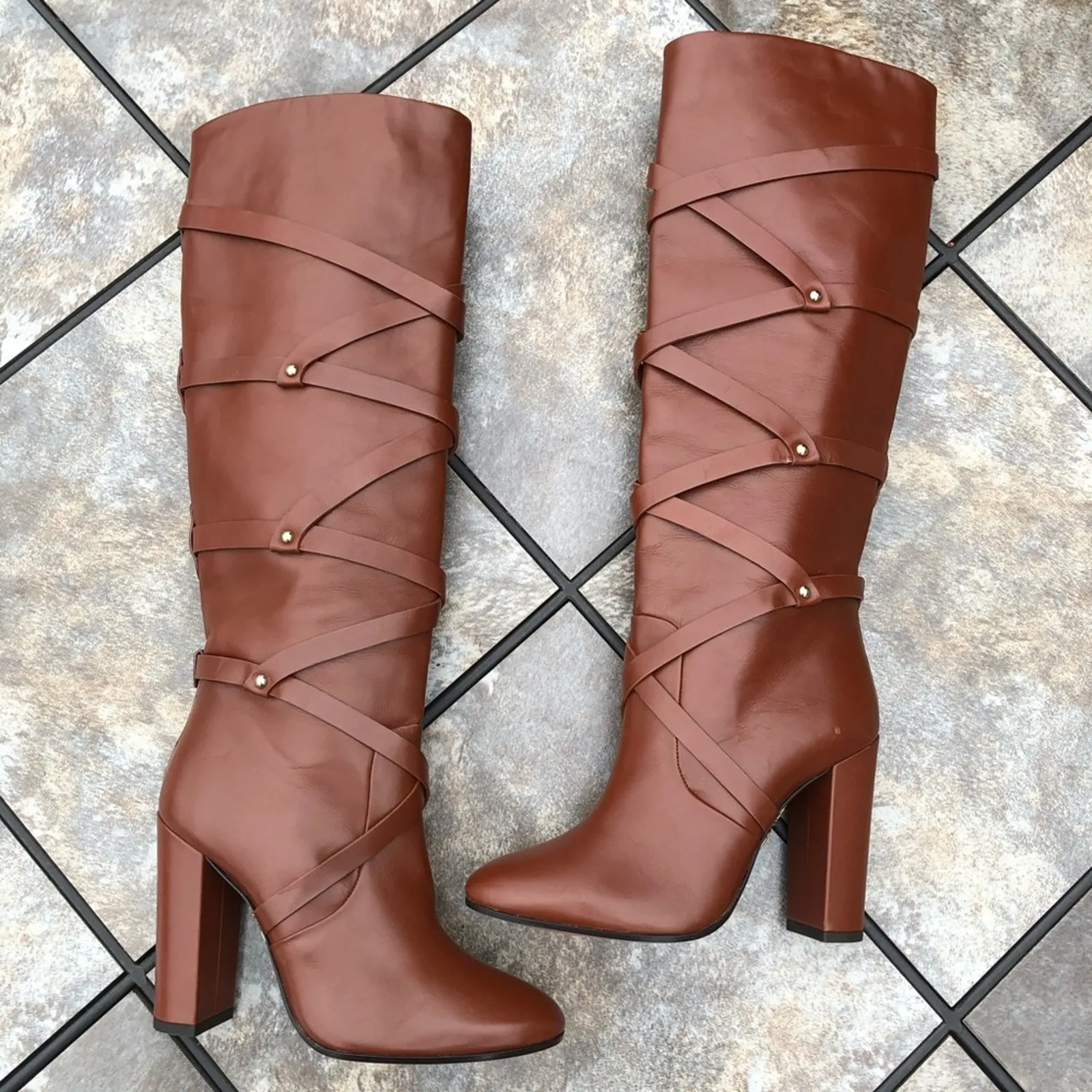 Aquazzura Cognac Luggage New Bel Air Knee High Calf Leather Boots 7.5 $1,395 Tan - Image 13