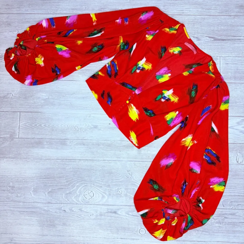 Signature 8 balloon sleeve long sleeve cropped top shirt w/ button front med Red - Image 2