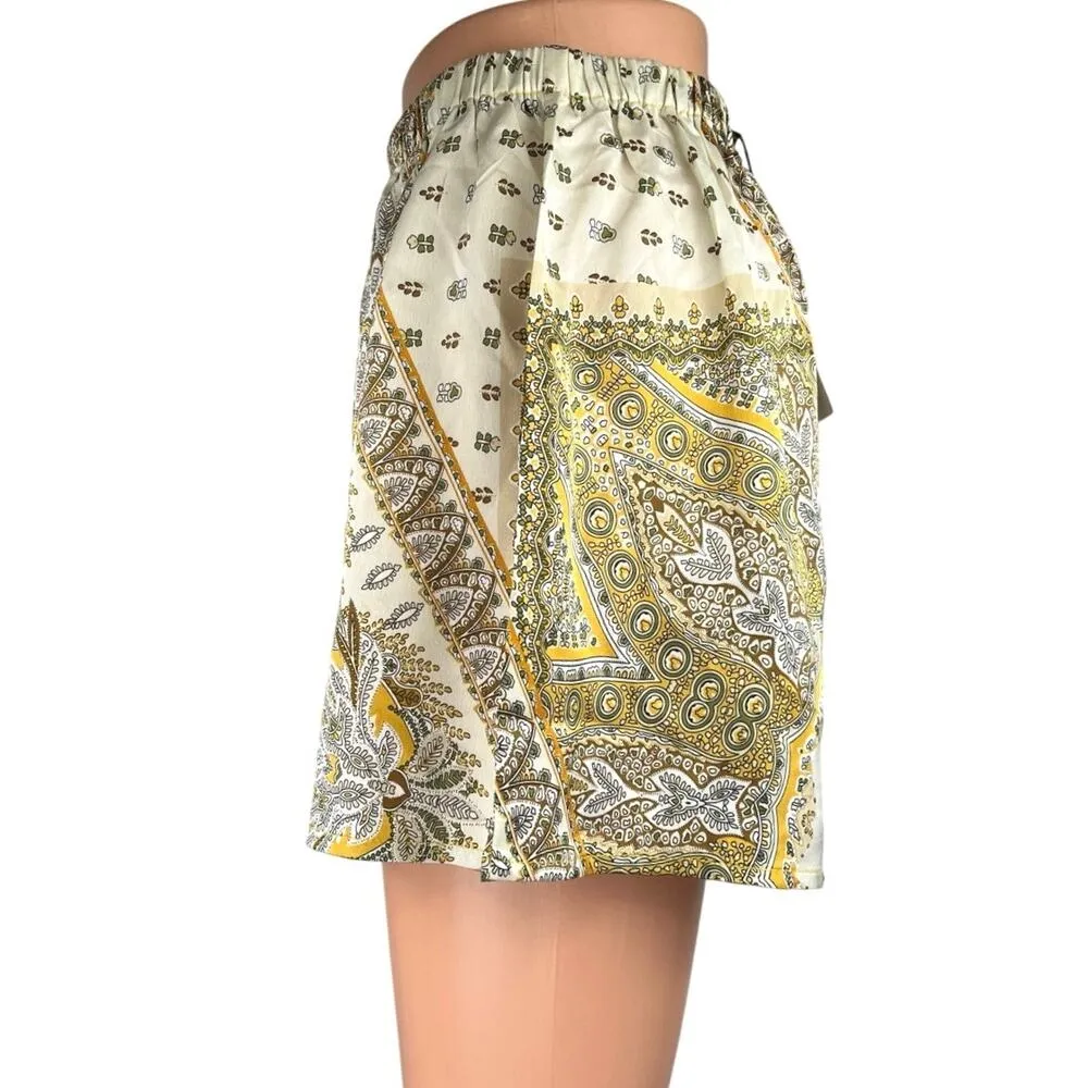 NEW Cider Yellow White Jacquard High Waist Pull On Casual Mini Shorts Size M - Image 2
