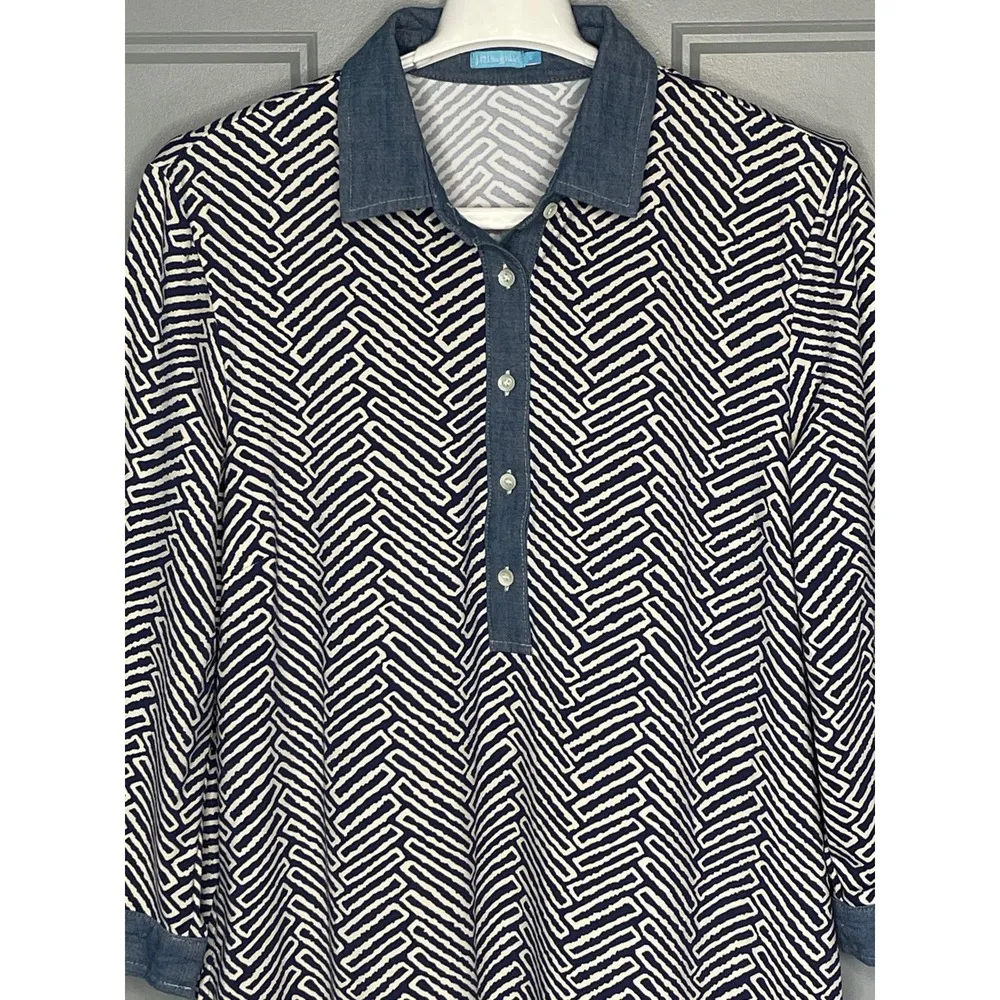 J McLaughlin Blue White Geometric Print Shift Dress Chambray Trim Size Large - Image 2