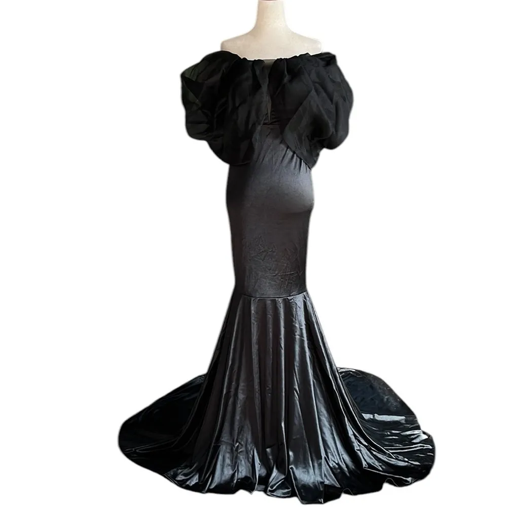 Faeriesty Elegant Off Shoulder Short Sleeve Satin Dress Black - Image 2