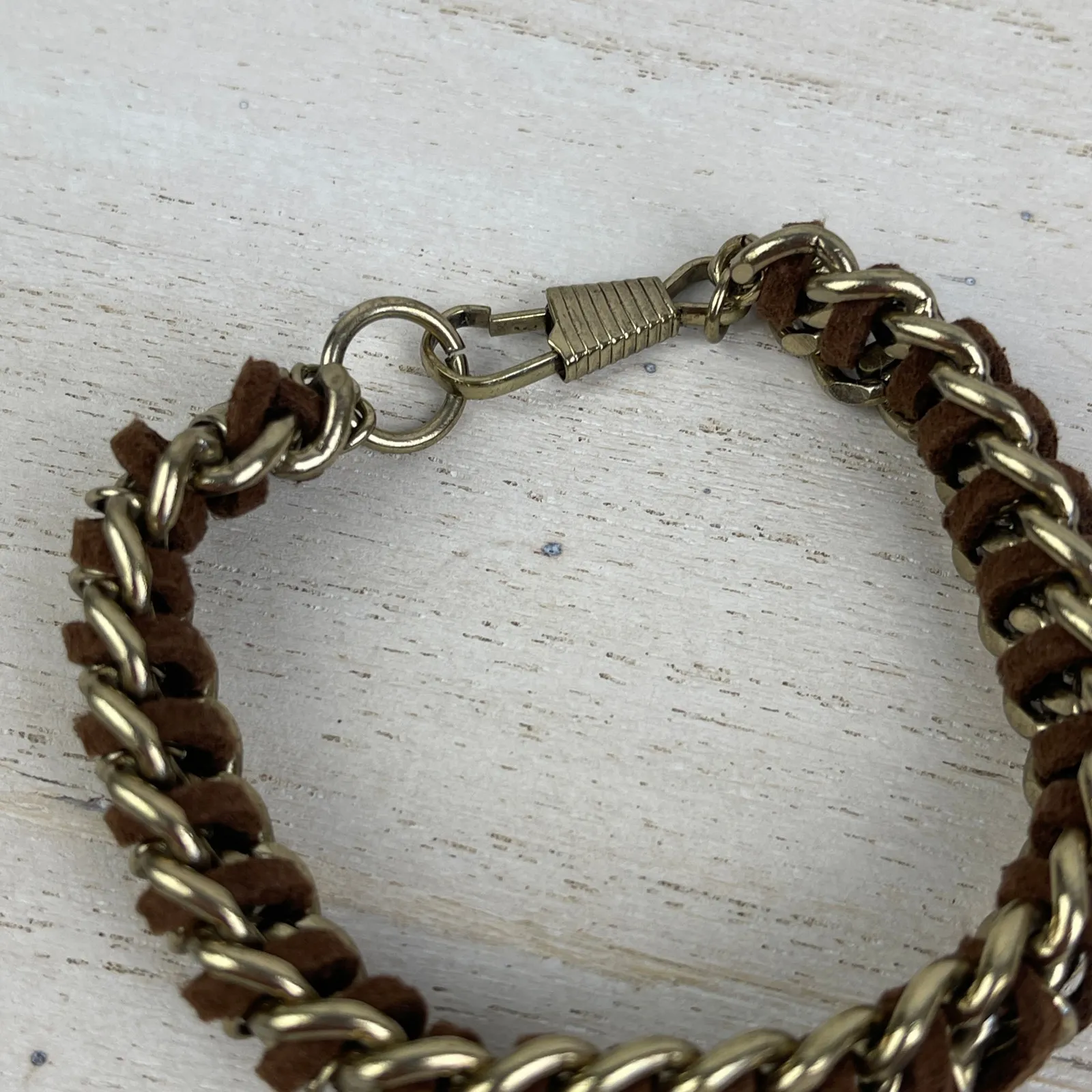 Gold Tone Chunky Chain Link Bracelet Brown Braided Faux Leather Cord Edgy NWOT - Image 6