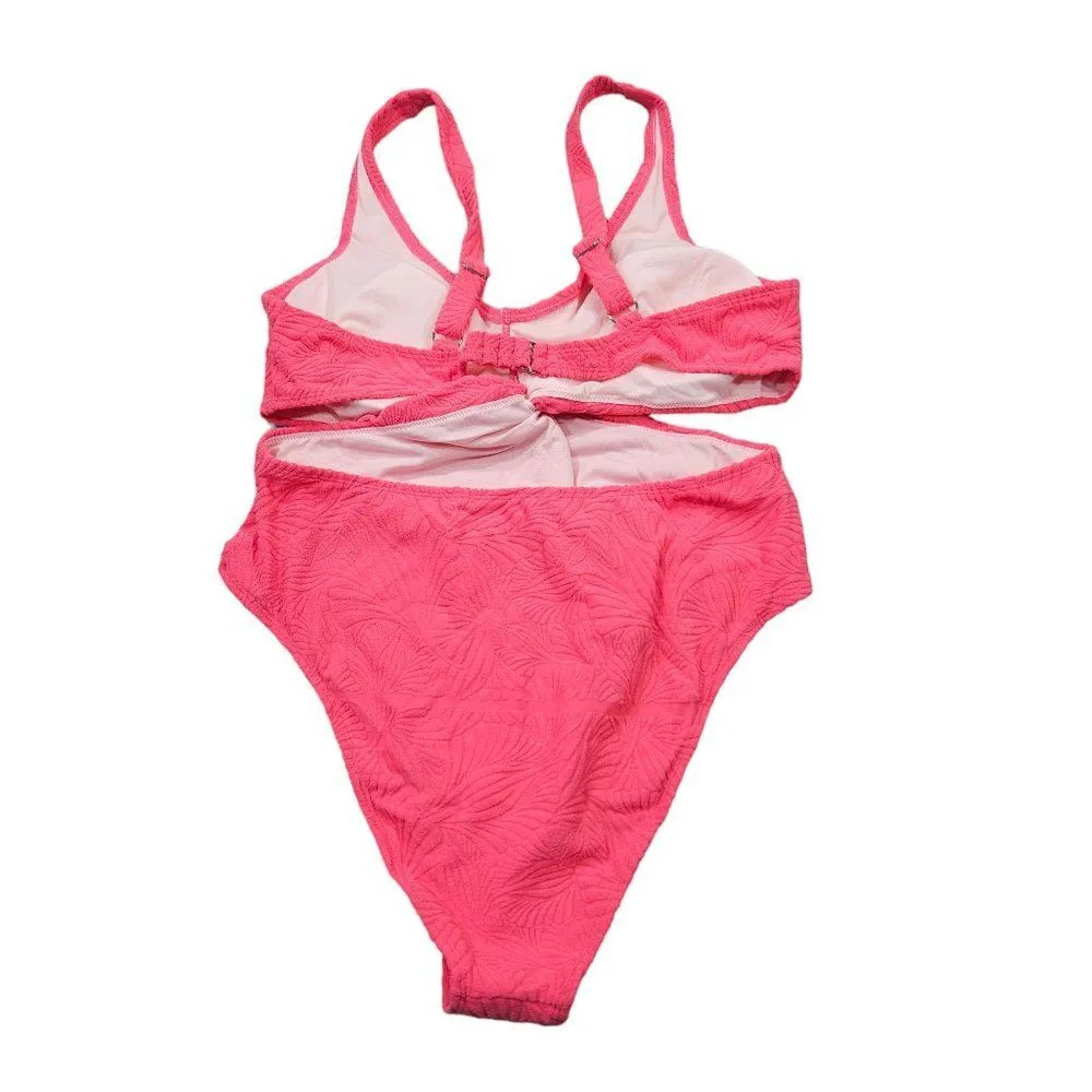 Cupshe Hot Pink Textured Tropical One Piece Swimsuit Cutout Twisted Terry XL - Image 2