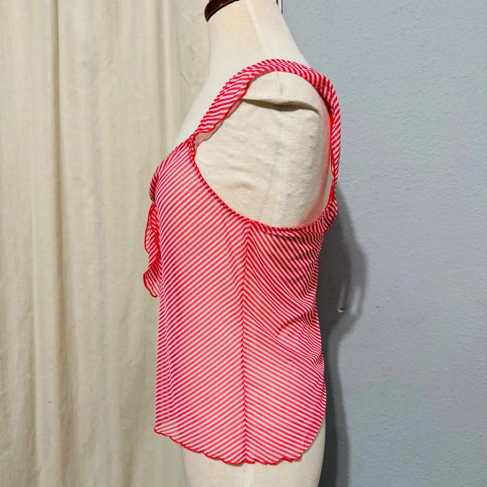 Y2K Sheer Red Stripe Tie Front Stretchy Tank Top Women Ruffle Strap Slinky Sz L Size L - Image 3