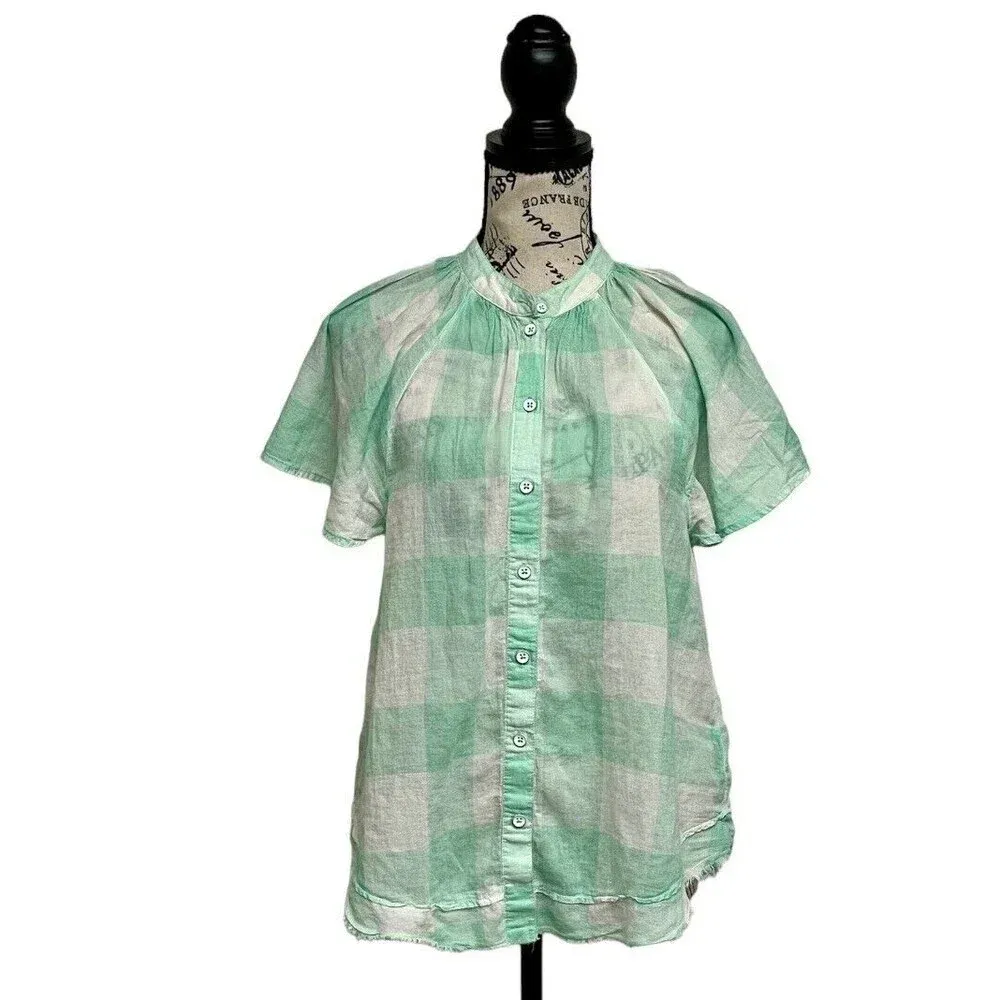 Anthropologie Maeve Mint Gingham Flutter Sleeve Top Women’s S Semi Sheer Peasant Green - Image 2
