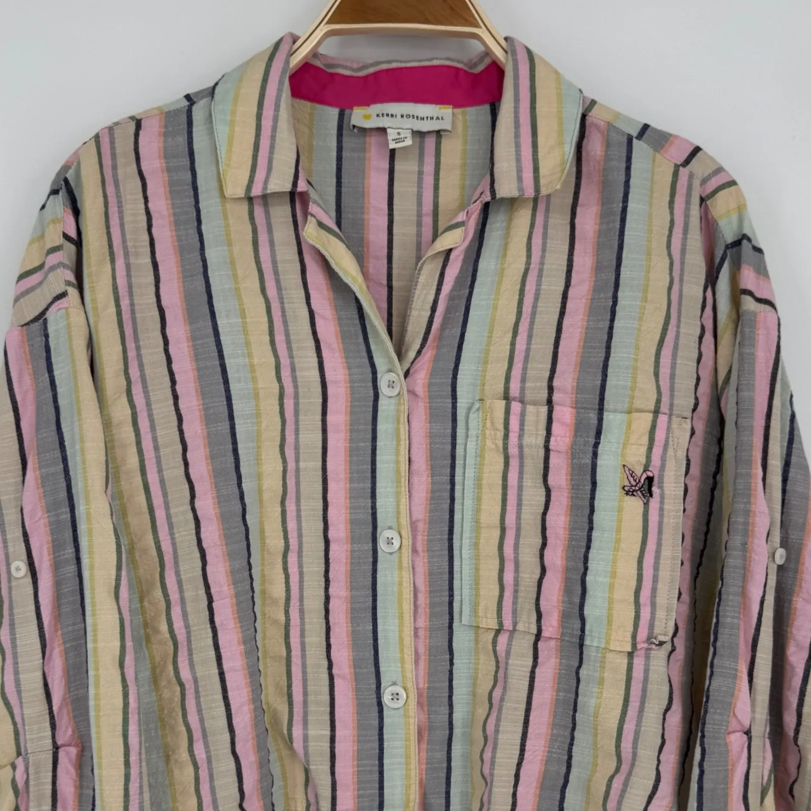 Kerri Rosenthal Sherri Stripe Shirt Small Multicolor Cotton Button Down Heart Pink - Image 6