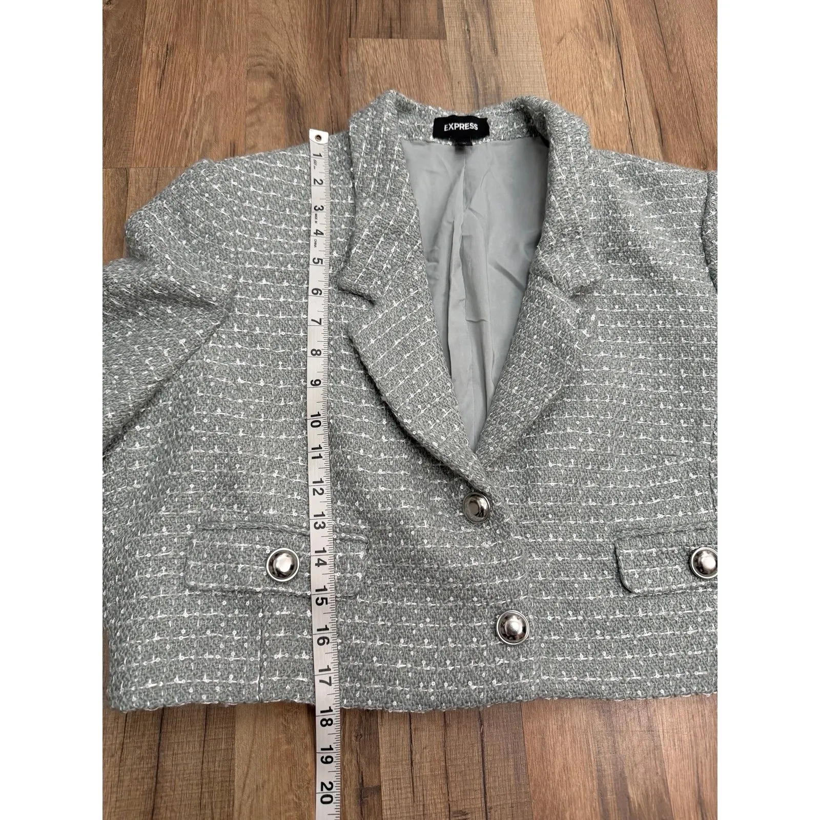 Express Cropped Tweed Jacket Blazer Gray Silver Button Wool Blend Size XL - Image 6