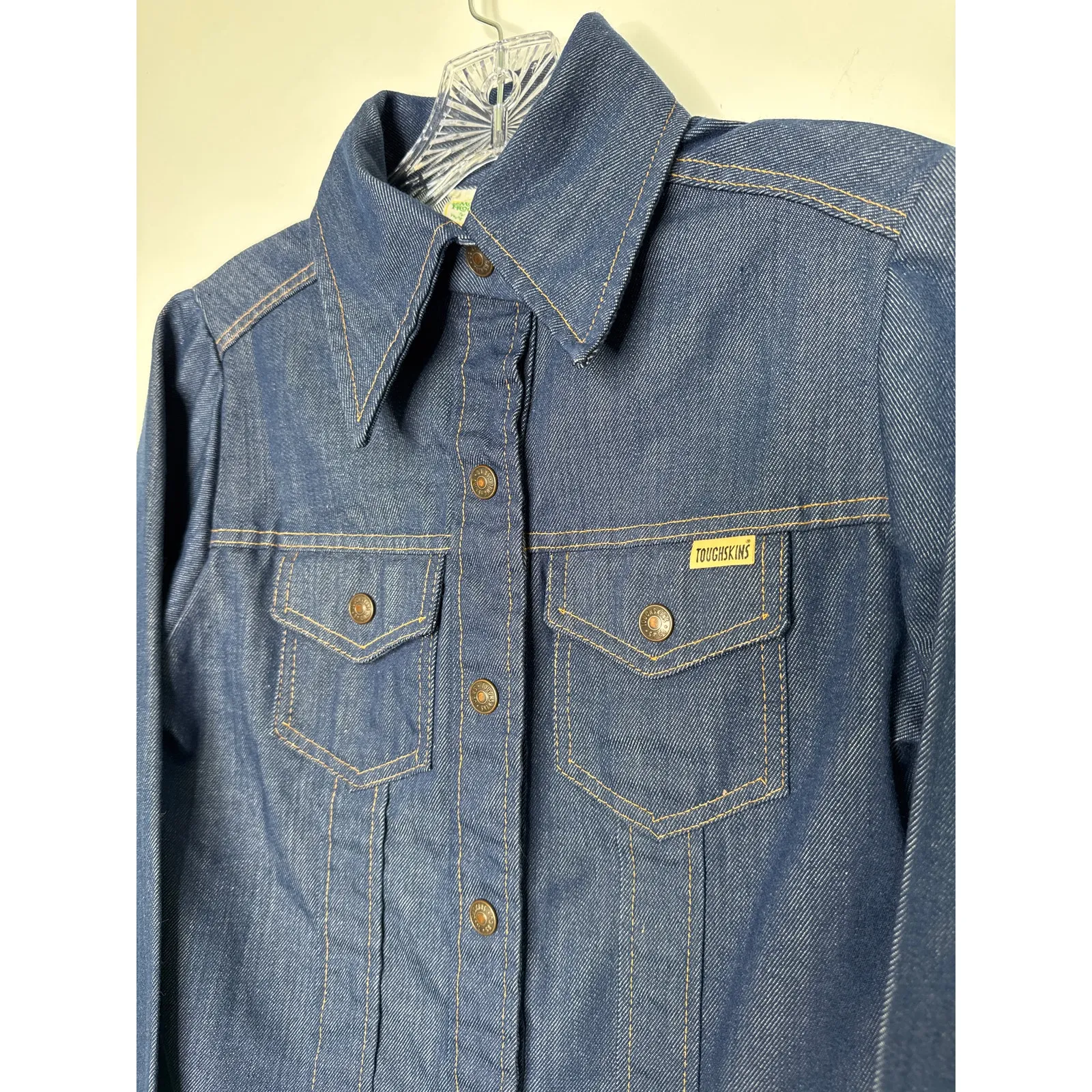 Vintage 1970's Sears Toughskins Lemon Frog Denim Snap dagger collar shirt XS Blue - Image 4