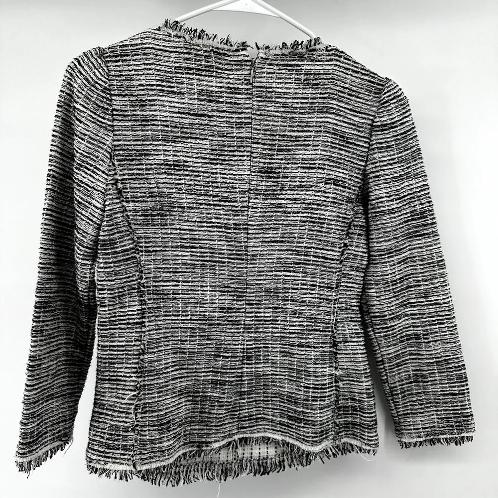 Rebecca Taylor Bouclé Tweed Top Fringe Hem Round Neck Heather Gray 2 - Image 6