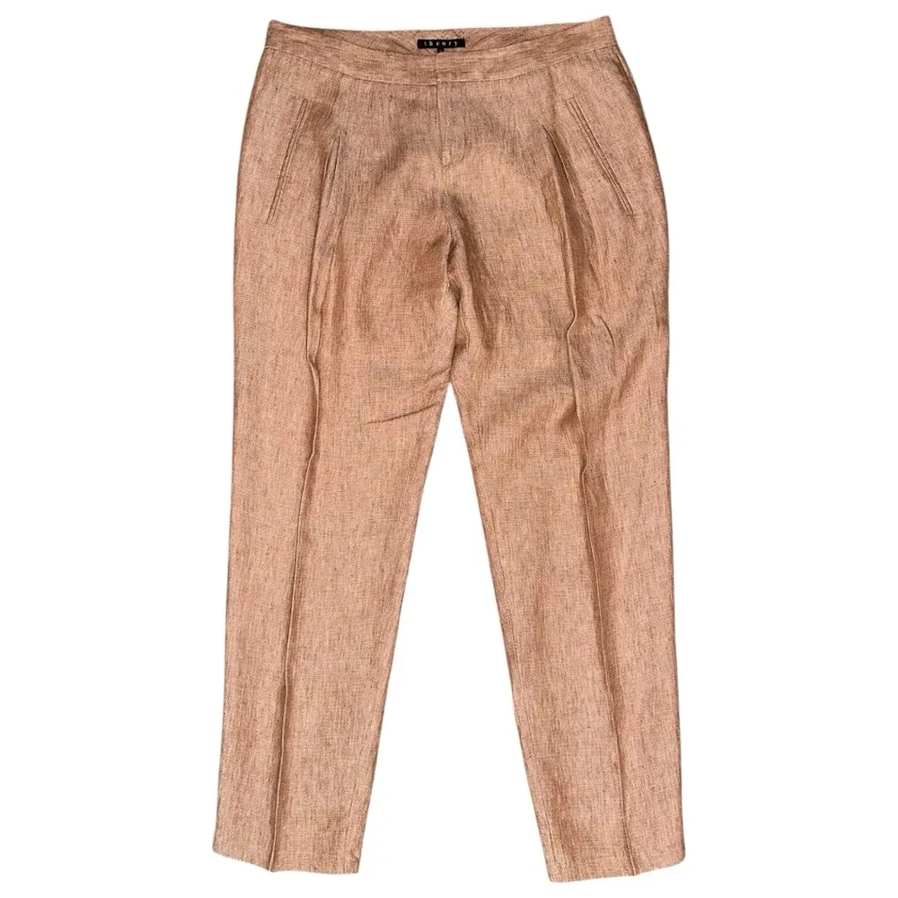 Theory Women’s Size 8 Orange Speckled Linen Pleated Dalisha Red Bay Pants - Image 2